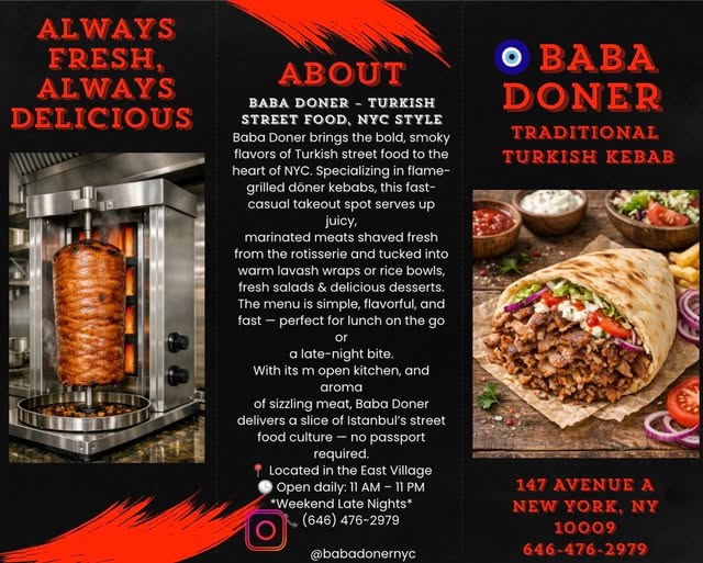 Baba Döner menu poster with döner spit illustration, wrap photo, full address, and "Always Fresh, Always Delicious" tagline